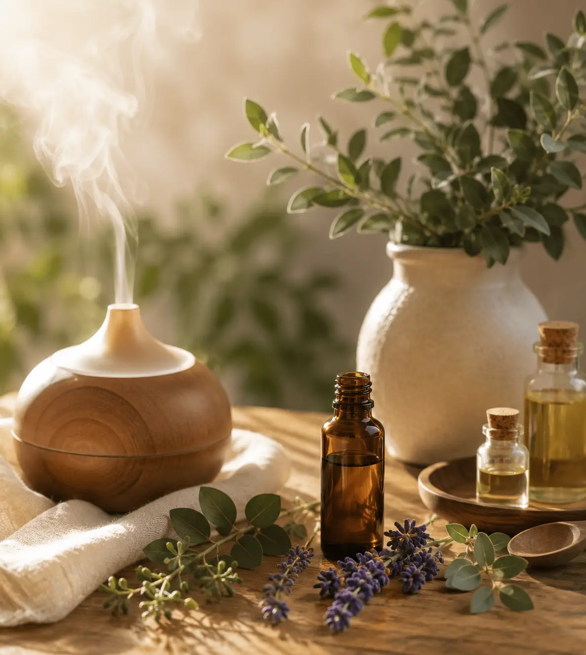 Difusor de óleos essenciais com vapor, lavanda e frascos de óleo sobre mesa de madeira