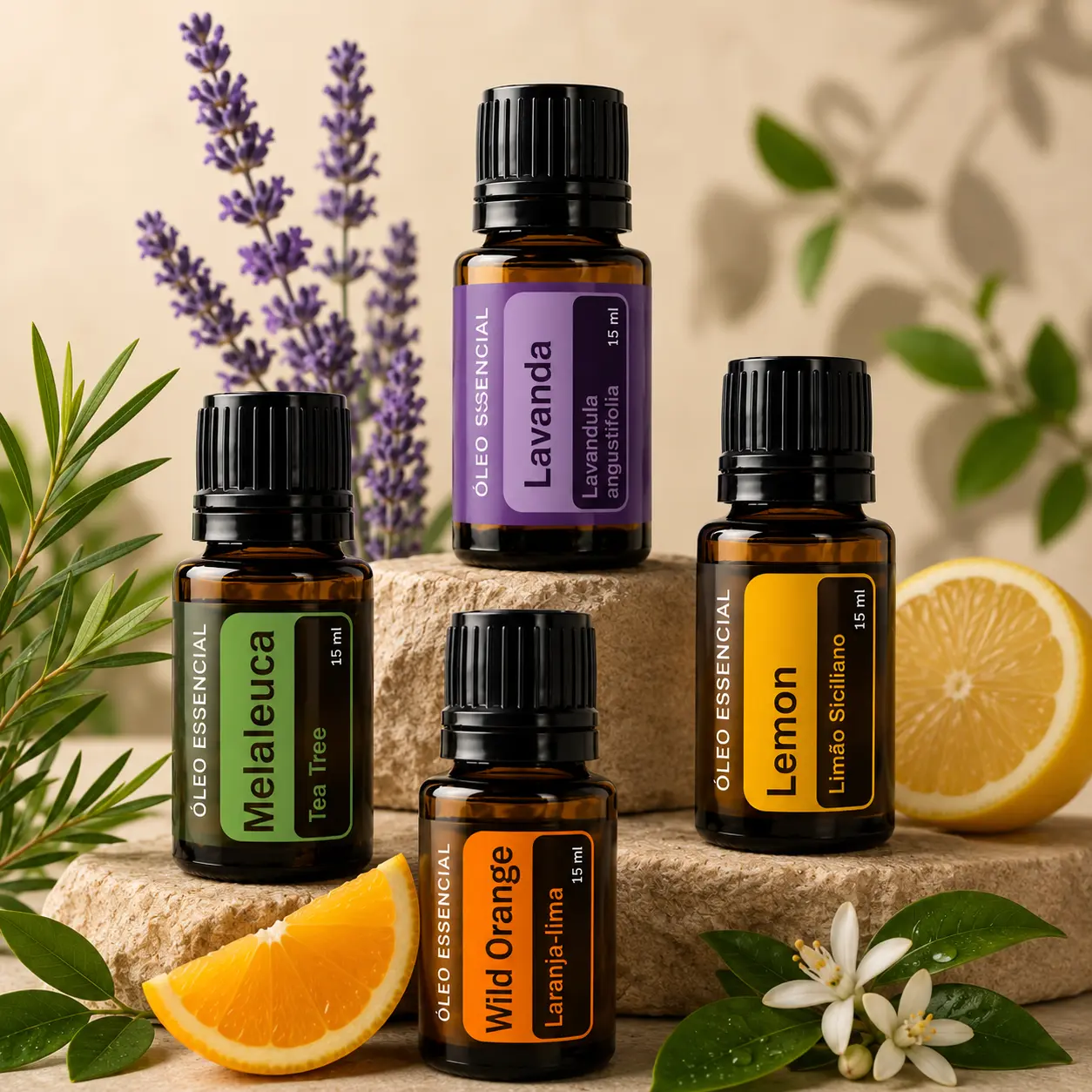 Óleos essenciais doTERRA — Lavanda, Melaleuca, Lemon e Wild Orange